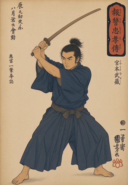 Woodblock-style print of a samurai in an indigo kimono and hakama, raising a bokken overhead